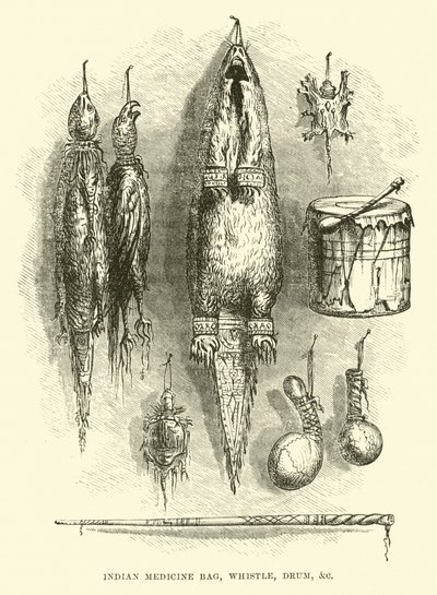 Sac médecine indien, sifflet, tambour, etc. - English School