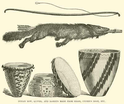 Arc indien, carquois et paniers en herbe, racine de Cyperus, etc. - English School