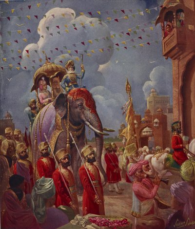 Procession indienne avec éléphant, peinture de Sobha Singh, du supplément indien de l