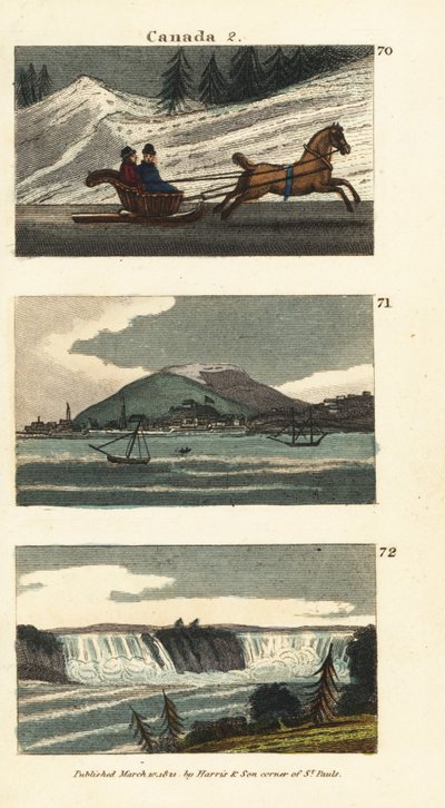 Habitants de Québec en cariole tirée par des chevaux sur la glace, vue de Montréal et vue des chutes du Niagara - English School