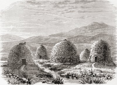 Huttes habitées à Uig, Île de Lewis dans les Hébrides extérieures en 1859, de 
