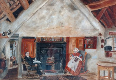 Intérieur du cottage Cruck, peut-être Shipley Glen - English School