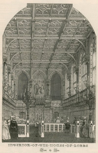 Intérieur de la Chambre des Lords, Westminster, Londres, depuis le bar - English School