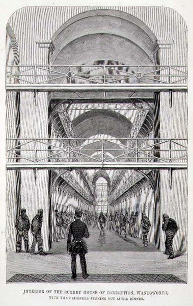 Intérieur de la Surrey House of Correction, Wandsworth, avec les prisonniers sortant après le dîner, extrait de 