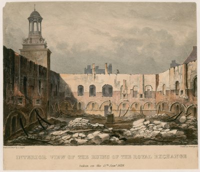 Vue intérieure des ruines du Royal Exchange, Londres, prise le 11 janvier 1838 - English School