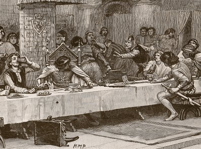 Interruption du dîner de Noël de Balliol, illustration de Cassells Illustrated History of England - English School