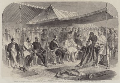 Entrevue à Sealkote, le 9 mars, entre le Maharajah Rumbeer Singh de Cachemire et Son Excellence Lord Canning (gravure) - English School