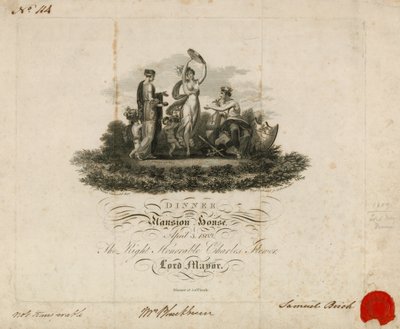 Invitation au dîner du Lord Maire à Mansion House, Londres, 3 avril 1809 - English School