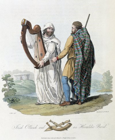 Barde irlandais et voyageur - dans Celtes et Goths, coutumes des habitants des îles britanniques du début du 6e siècle et des nations gothiques de la côte ouest de la Baltique, par S.R. Meyrick et Ch. Smith - English School