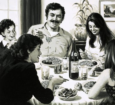 Famille italienne mangeant des spaghettis pour le dîner - English School
