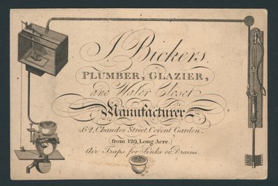 J Bickers, plombier, vitrier et fabricant de toilettes, 62 Chandos Street, Covent Garden, carte de visite - English School