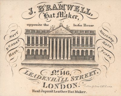 J Branwell, chapelier, 146 Leadenhall Street, carte de visite - English School