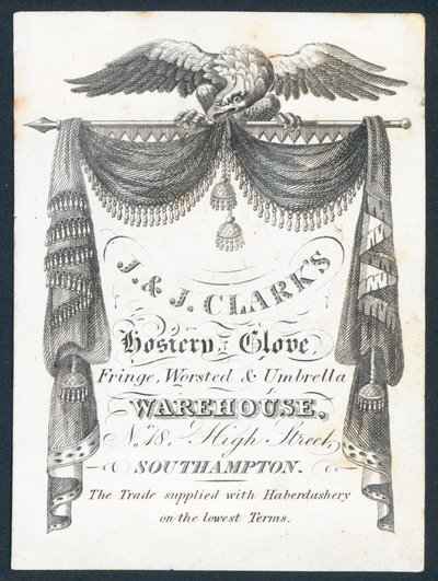 J & J Clarks, entrepôt de bonneterie, gants, franges, laine et parapluies, carte de visite - English School