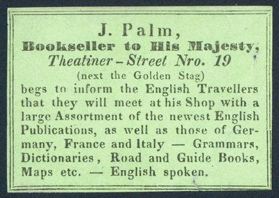 J Palm, libraire de Sa Majesté, carte de visite - English School