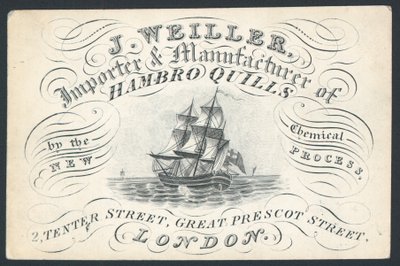 J Weiller, importateur et fabricant de plumes de Hambourg, 2 Tenter Street, carte de visite - English School