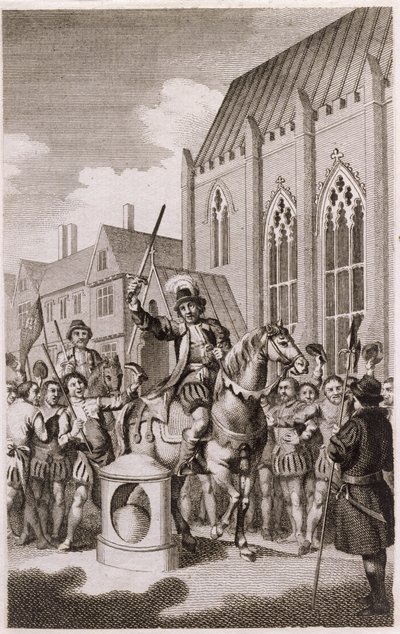 Rébellion de Jack Cade en 1450 : Cade se déclare Seigneur de la ville de Londres à London Stone, Cannon Street, vers 1770 - English School