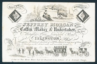 Carte de visite de Jeffrey Morgan, fabricant de cercueils et entrepreneur de pompes funèbres - English School