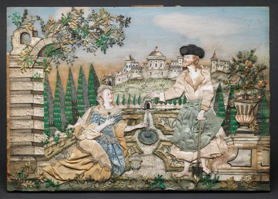 Jésus apparaît à Marie Madeleine (soie, papier, fil, paillettes, garnitures métalliques, encre et aquarelle sur bois) - English School