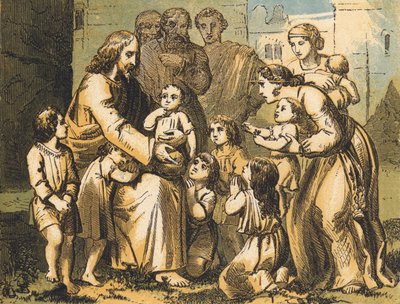 Jésus bénissant les petits enfants (gravure en couleur) - English School