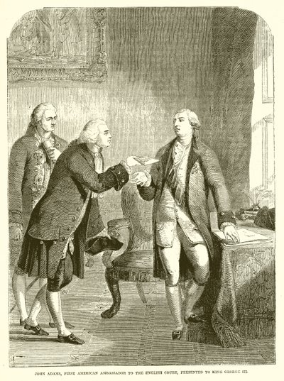 John Adams, premier ambassadeur américain à la cour anglaise, présenté au roi George III - English School