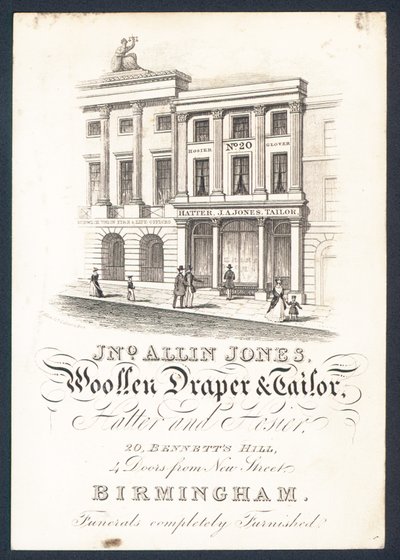 John Allin Jones, drapier en laine et tailleur, chapelier et bonnetier, carte de visite - English School