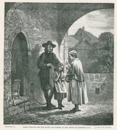 John Bunyan et sa fille aveugle à la porte de la prison de Bedford - English School