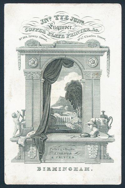 Carte de visite de John Tye, Junior, imprimeur sur plaque de cuivre - English School