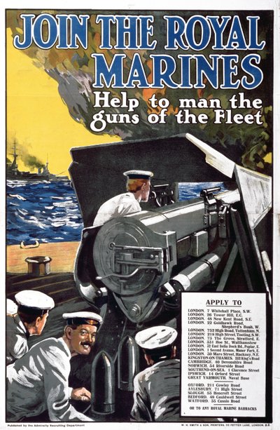 Rejoignez les Royal Marines - Aidez à armer les canons de la flotte, affiche de recrutement de la Première Guerre mondiale - English School