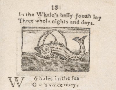 Jonas dans le ventre de la baleine, illustration pour la lettre W, d