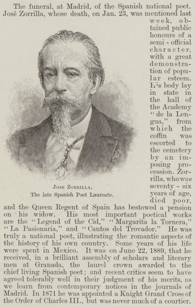 Jose Zorrilla, le défunt poète lauréat espagnol (gravure) - English School