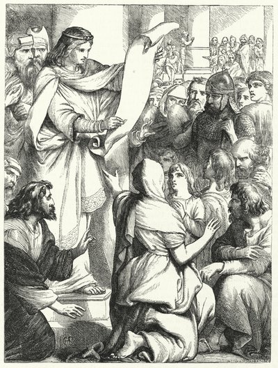 Josias, roi de Juda, lisant la loi au peuple (gravure) - English School