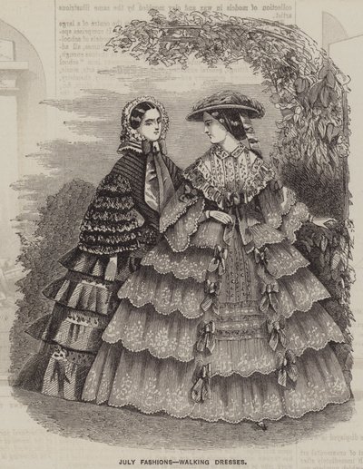 Modes de juillet, robes de promenade (gravure) - English School