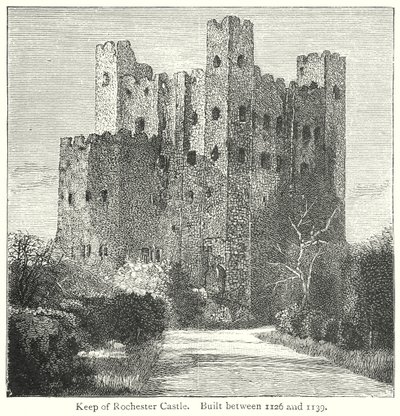 Donjon du château de Rochester. Construit entre 1126 et 1139 (gravure) - English School