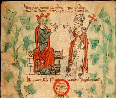 Le roi Henri II assis sur le trône, discutant avec Thomas Becket, illustration de la 