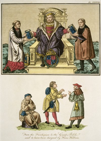 Roi Henri VIII (1491-1547) du frontispice de la Grande Bible, dit avoir été conçu par Hans Holbein, illustration de The Complete View of the Dress and Habits of the People of England Volume II, publié en 1799 - English School