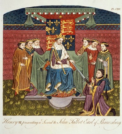 Roi Henri VI (1421-71) présentant une épée à John Talbot (c.1388-1453) Comte de Shrewsbury, illustration de The Complete View of the Dress and Habits of the People of England Volume II, publié en 1799 - English School