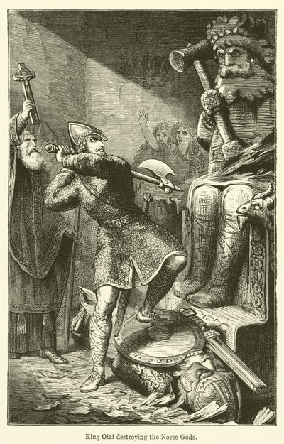 Le roi Olaf détruisant les dieux nordiques (gravure) - English School