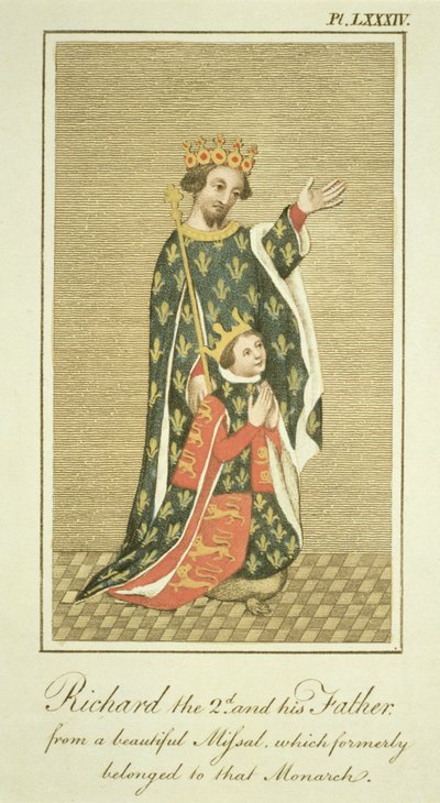 Roi Richard II (1367-1400) avec son père Édouard (1330-76) le Prince Noir, illustration de The Complete View of the Dress and Habits of the People of England Volume II, publié en 1799 - English School