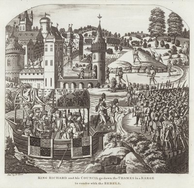 Le roi Richard et son conseil descendent la Tamise en barge pour conférer avec les rebelles - English School