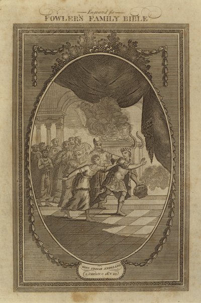 Le roi Ozias expulsé, 2 Chroniques, Chapitre 26, Verset 20 (gravure) - English School
