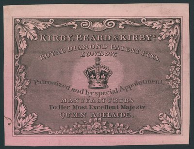 Kirby, Beard and Kirby, épingles brevetées Royal Diamond, carte de visite - English School