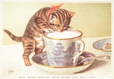 Chaton buvant dans une tasse de thé, Carte de Noël - English School
