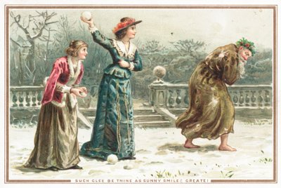 Dames lançant des boules de neige à un vieil homme, carte de Noël - English School