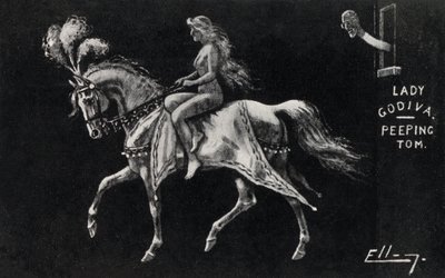 Lady Godiva chevauchant nue à travers les rues de Coventry, observée par un voyeur - English School