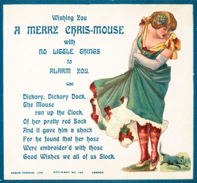 Dame alarmée par une souris, carte de Noël - English School