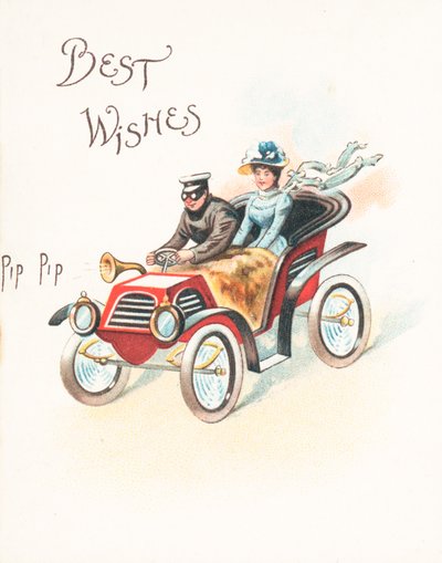 Dame et monsieur faisant la course en voiture, carte de Noël - English School
