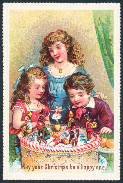 Dame et enfants admirant le gâteau de Noël - English School