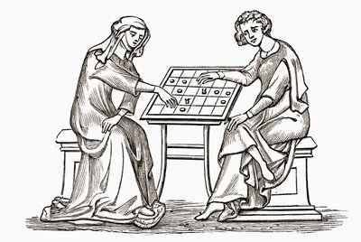 Dame et jeune homme jouant aux dames, ou aux échecs, au début du XIVe siècle, de 