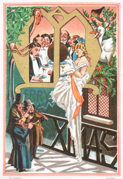 Dame étant sérénadée par des musiciens, Carte de Noël - English School