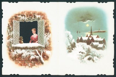 Dame regardant par la fenêtre et scène de village - English School